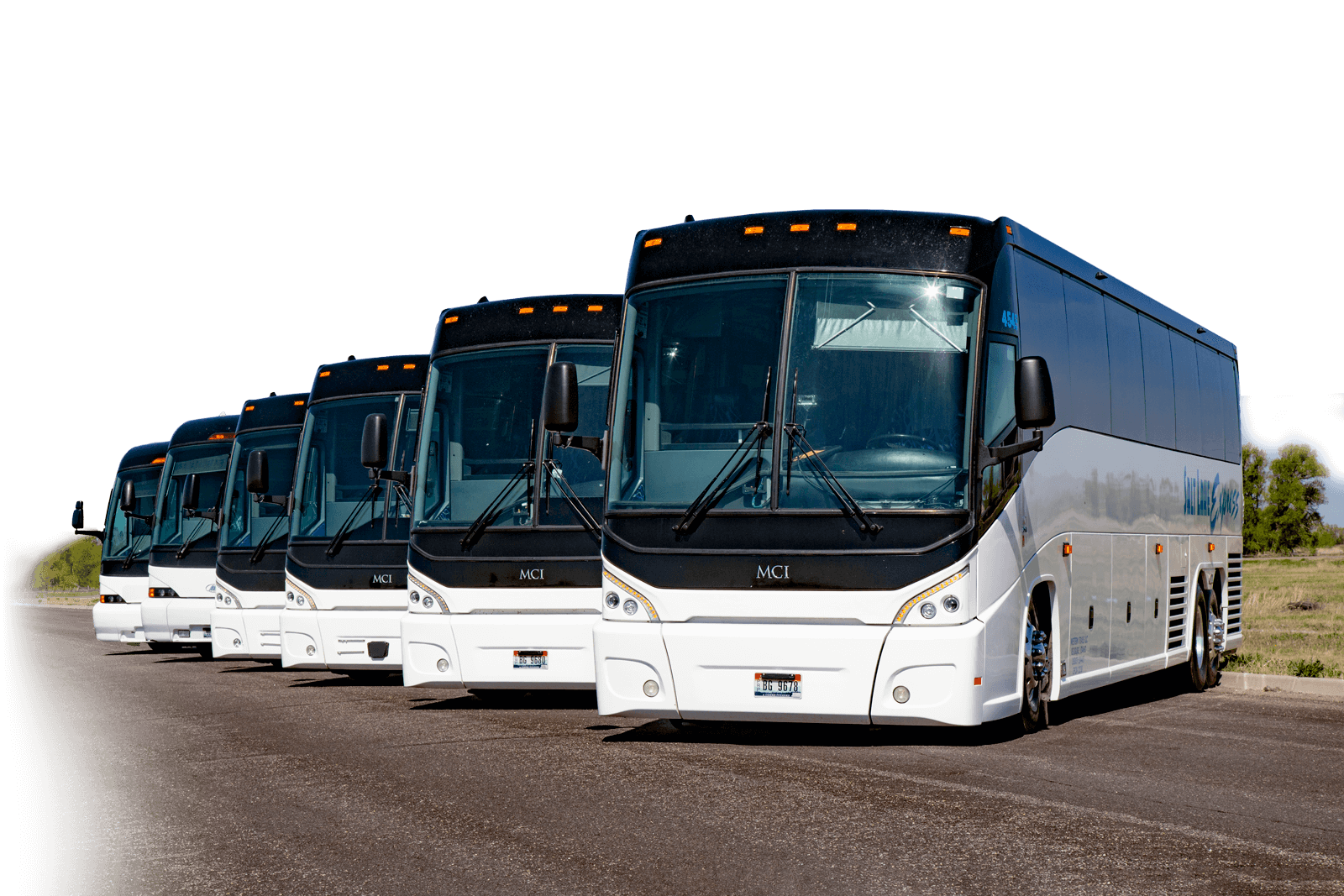 Line of MCI 55 Passenger Charter Buses.
