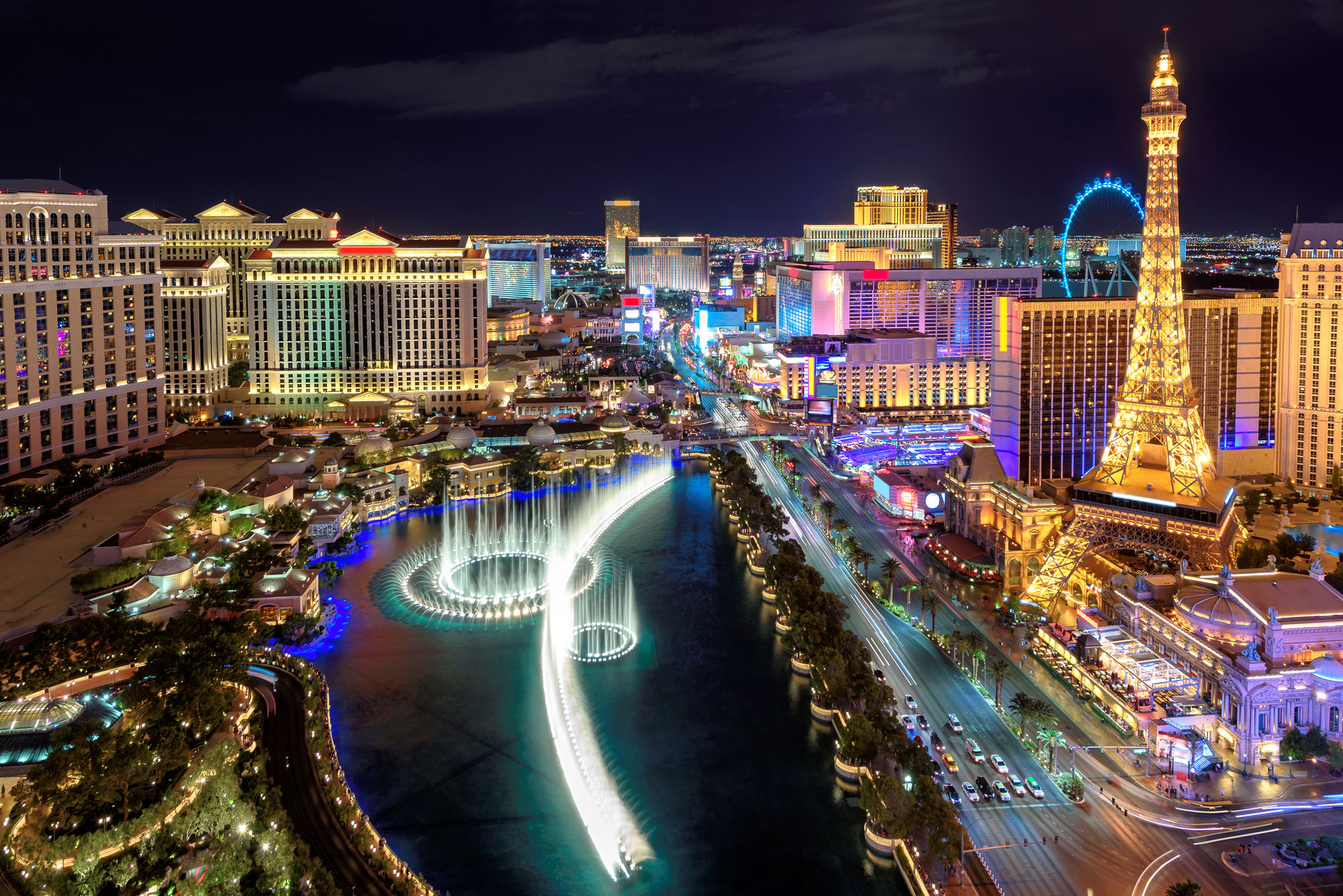 View of the Bellagio fountains in Las Vegas from an aerial perspective.